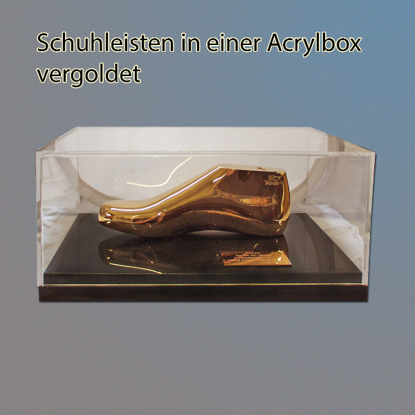 vergoldeter Schuhleisten in Acrylbox